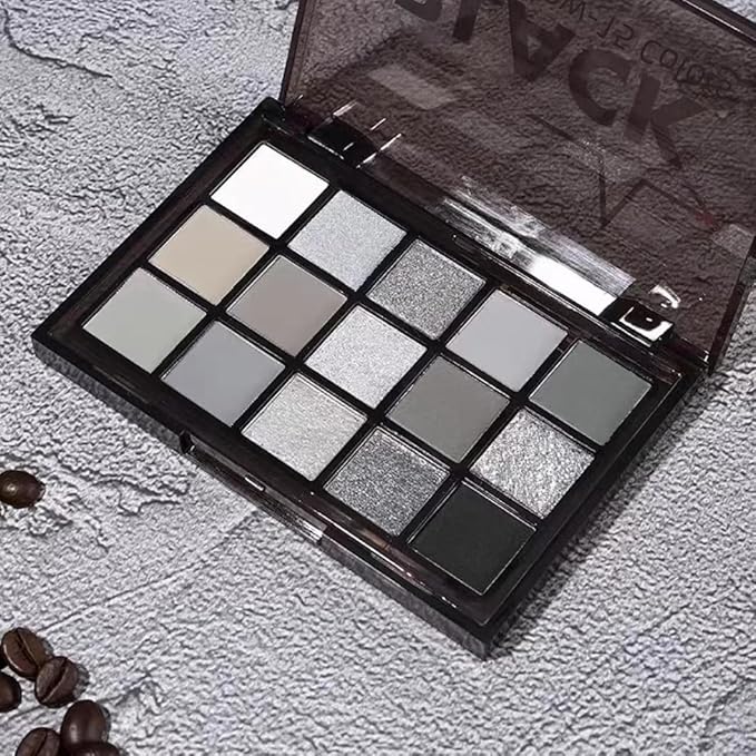 Black Smoky Eye shadow Palette, 15 Colors Black Dark Grey Smokey Goth Eyeshadow Pallet, Matte High Pigmented Basic White Gray Eyeshadow For Woman