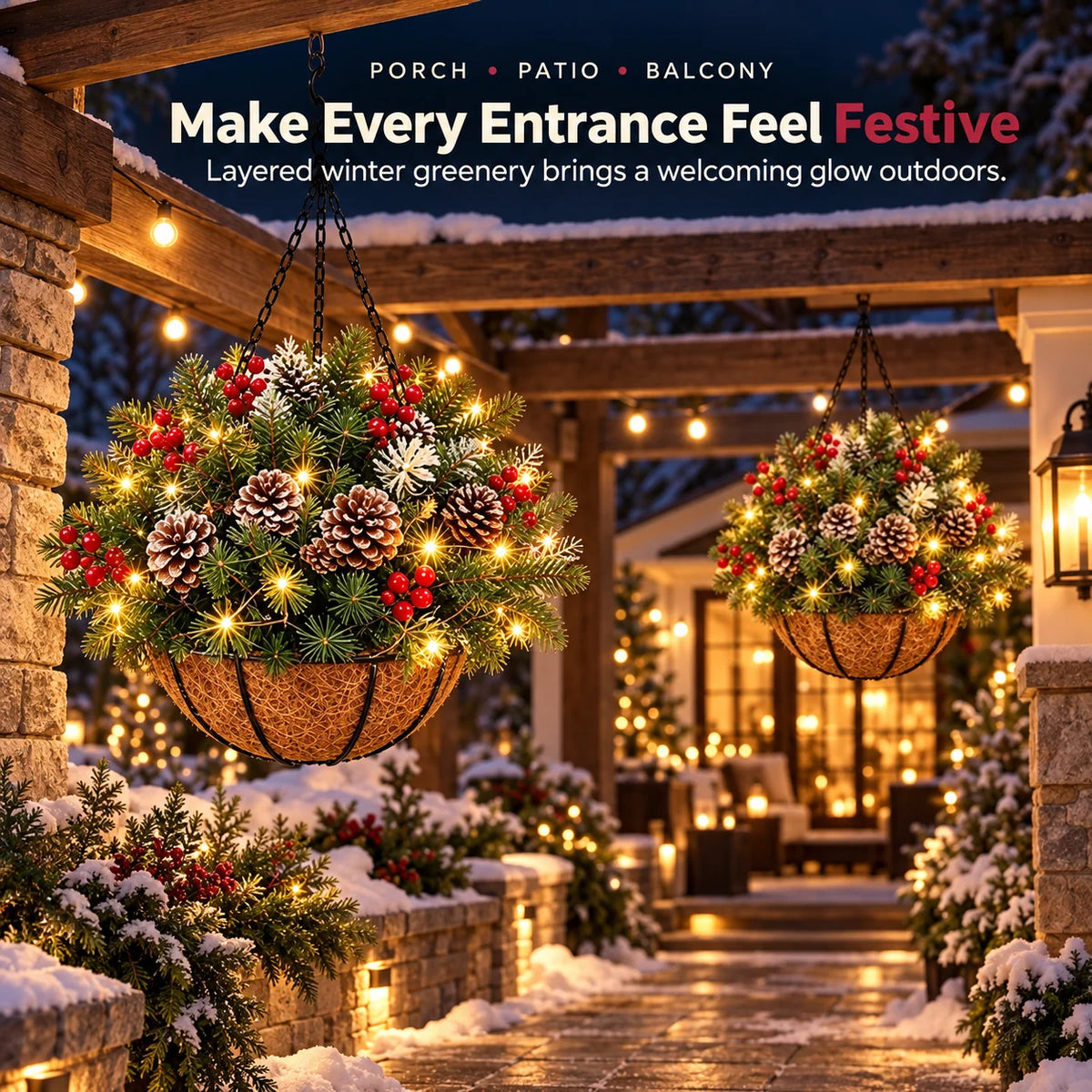 🏆Pre-Lit Christmas Hanging Baske |🎄 With Built-in Lights, Weatherproof and Maintenance-Free