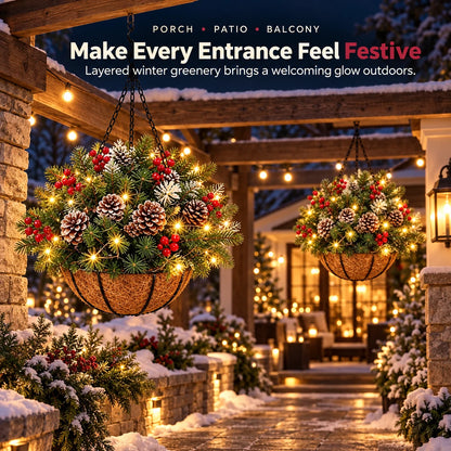 🏆Pre-Lit Christmas Hanging Baske |🎄 With Built-in Lights, Weatherproof and Maintenance-Free