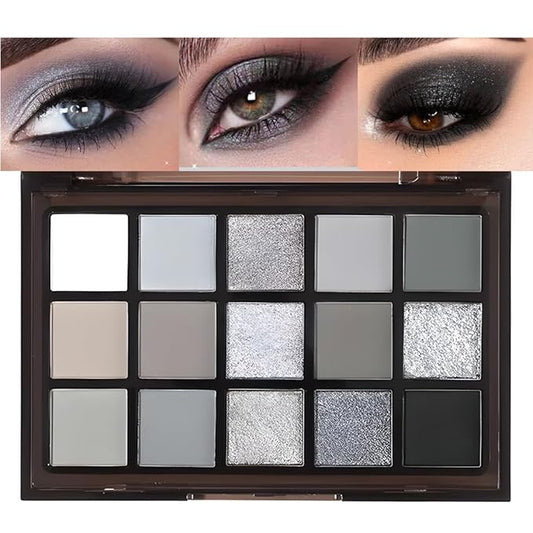 Black Smoky Eye shadow Palette, 15 Colors Black Dark Grey Smokey Goth Eyeshadow Pallet, Matte High Pigmented Basic White Gray Eyeshadow For Woman