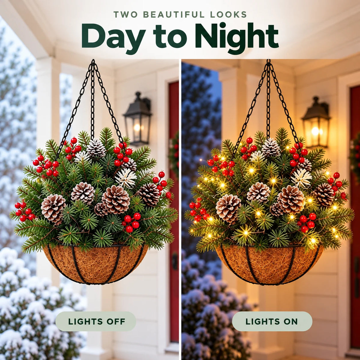 🏆Pre-Lit Christmas Hanging Baske |🎄 With Built-in Lights, Weatherproof and Maintenance-Free