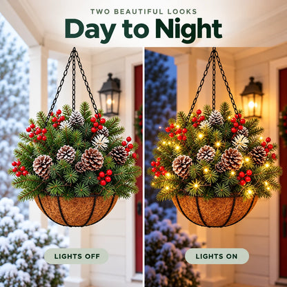🏆Pre-Lit Christmas Hanging Baske |🎄 With Built-in Lights, Weatherproof and Maintenance-Free